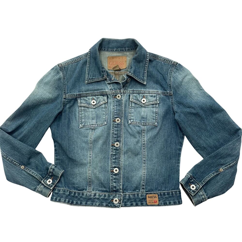 Vtg 1990s Guess Jeans Women’s Large Denim Jacket Trucker Cropped Y2K